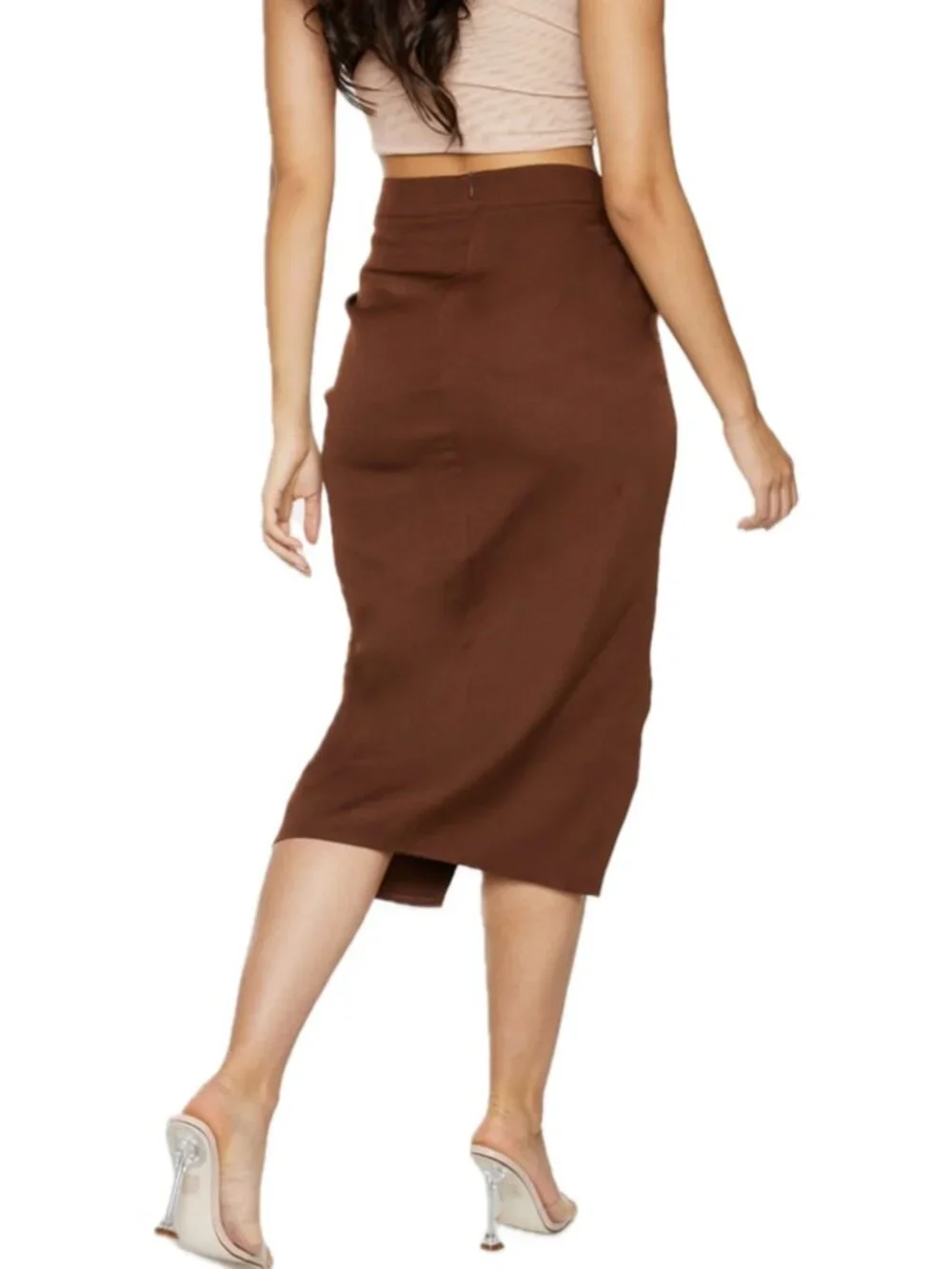 Pretty Little Thing Woven Ruched Front Side-Slit Midi Skirt (Chocolate Brown)